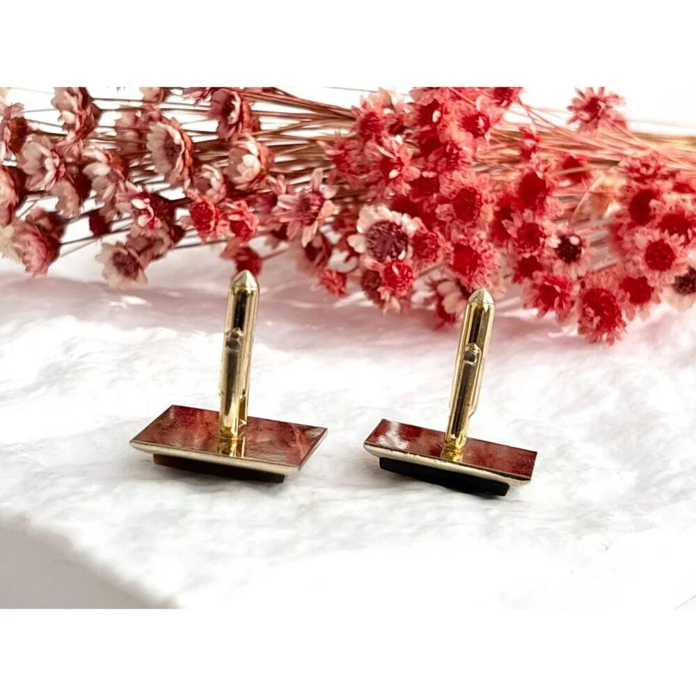 Faux Tiger's Eye Gold Toned Rectangular Vintage 80's Style Cuff Links
